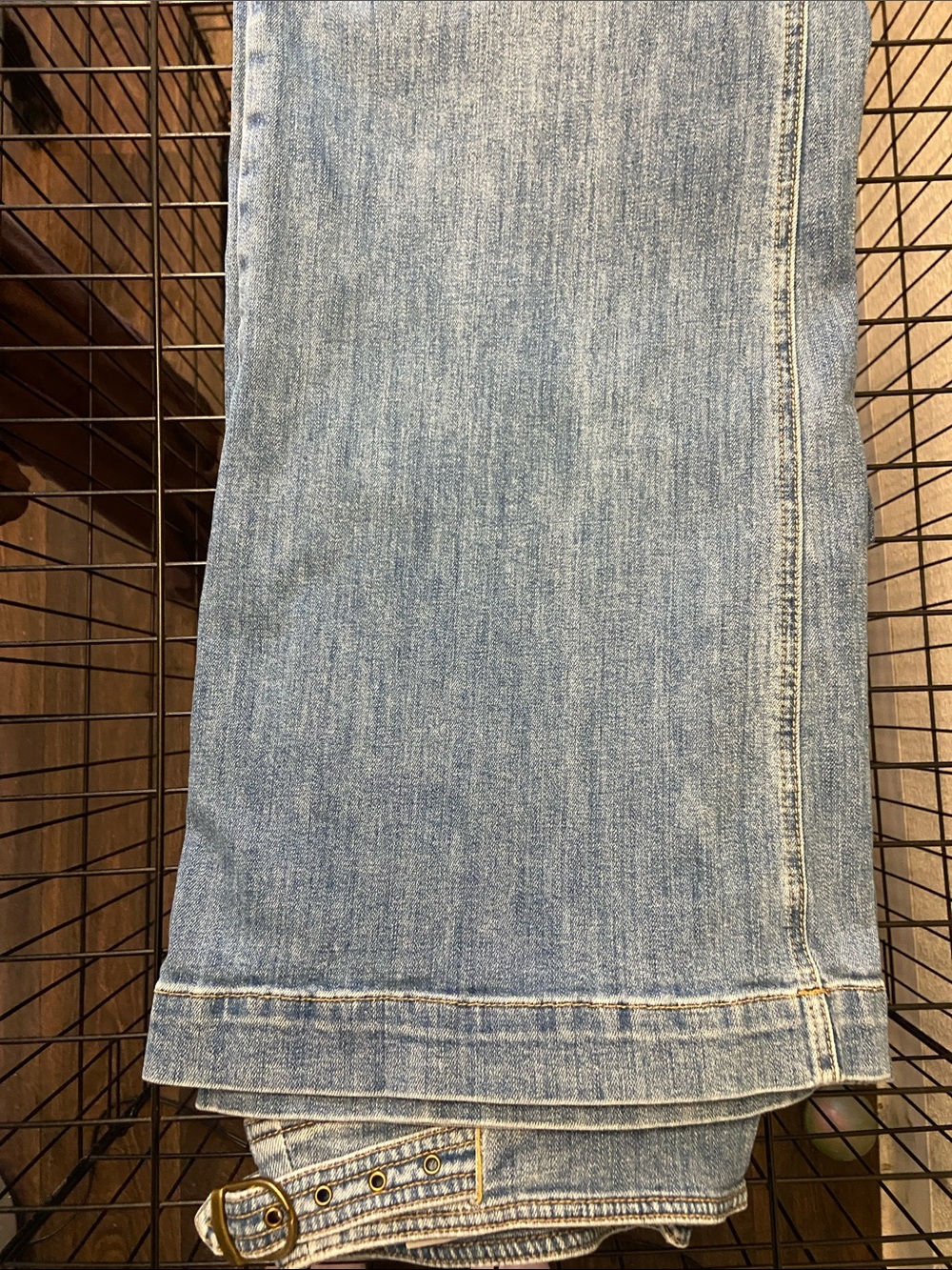 PAIGE Light Blue Flared Wide-Leg Jeans with Side Buckle Detail - Picture 6 of 9